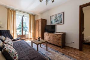 a living room with a couch and a tv at Apartamenty przy Potoku in Zakopane