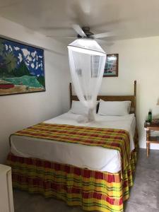 a bedroom with a bed with a ceiling fan at cocoa pod studio in Soufrière