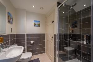 a bathroom with a shower and a toilet and a sink at Hunter House Holiday Apartment - York in York