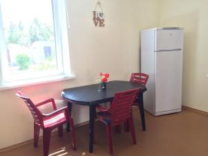 a black table with red chairs and a refrigerator at House in Karolino-Buhaz in Zatoka