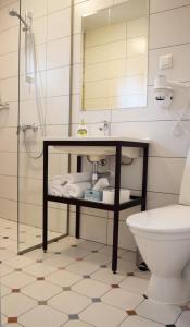 uma casa de banho com um lavatório, um WC e um espelho. em Otepää Apartments em Otepää