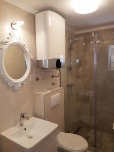 W łazience znajduje się toaleta, prysznic i umywalka. w obiekcie Apartments Blu Mare w mieście Sevid