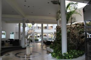 a lobby of a hotel with palm trees and plants at Embassy Beach in Pisco