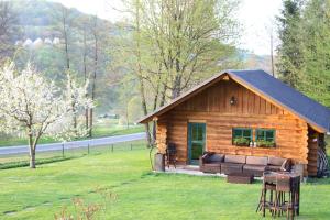 eine Blockhütte mit einer Couch im Gras in der Unterkunft Ferienwohnung Lucia in Bad Schlema