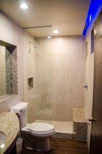 uma casa de banho com um chuveiro, um WC e um lavatório. em Motel Encuentro em Tijuana