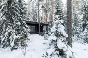 a cabin in the woods with snow on the trees at Hotel De La Rey in Ozerki