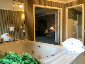 uma casa de banho com uma banheira e um espelho grande em Waynebrook Inn em Honey Brook