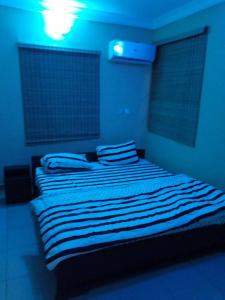 a blue bedroom with a bed with a blue ceiling at Solar and Inverter Full Service 3 Bedroom Flats in Ikeja