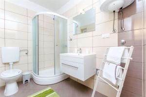 ein Badezimmer mit Toilette, Waschbecken und Dusche in der Unterkunft Apartments ANDREA in Mandre