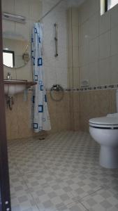 e bagno con doccia, servizi igienici e lavandino. di Hotel Surya Indah Batu Malang a Batu