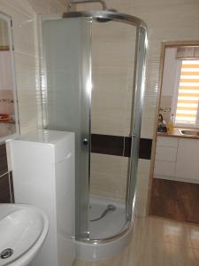 a glass shower in a bathroom with a sink at U Eskulapa Bieszczady in Lutowiska +42 photos