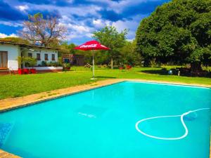 a blue swimming pool with an umbrella and a house at La Rive Waterberg Accommodation in Welgevonden Game Reserve