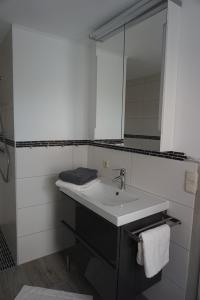 W łazience znajduje się umywalka i lustro. w obiekcie Hansenhof w mieście Kappeln
