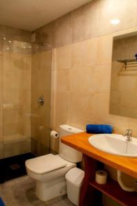 a bathroom with a toilet and a sink and a shower at Apartamentos San Marcial in Puerto del Carmen