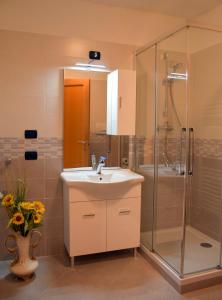 a bathroom with a sink and a shower at Chiara in Roncegno