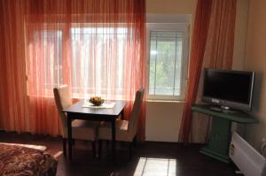 a room with a table and a television and a window at Vila Kraljica in Vrdnik