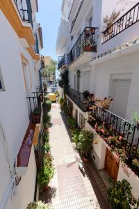 un callejón en un edificio con macetas en Hostal La Pilarica en Marbella
