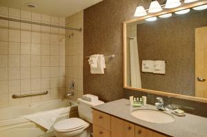 a bathroom with a toilet, sink, and shower at Lakeview Gimli Resort in Gimli