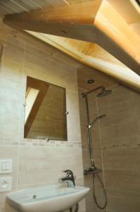 une salle de bain avec un lavabo et un miroir au mur dans l'établissement Duplex Le Yéti 16 Station Thollon les Mémises, à Thollon-les-Mémises 44 autres photos