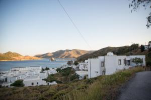 a village on a hill with a body of water at Captain Manos Studio Apartments in Grikos