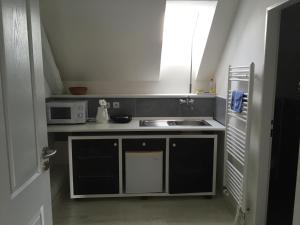 a small kitchen with a sink and a microwave at Ubytování u Hořejších na statku in Křemže
