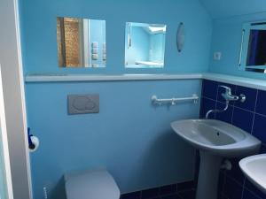a blue bathroom with a sink and a mirror at Ubytování u Hořejších na statku in Křemže