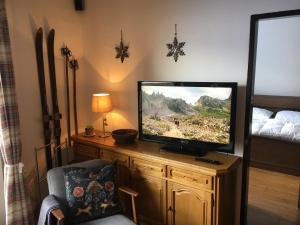 a flat screen tv sitting on top of a wooden cabinet at Nassfeld Sonnleitn Apartment 1 in Sonnenalpe Nassfeld