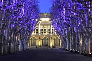 een rij bomen met paarse lichten voor een gebouw bij Studio proche Jean Moulin, location courte durée in Béziers