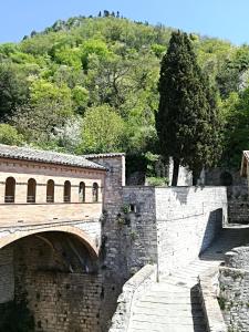 un ponte su un muro di pietra con un albero di Civico 10 a Gubbio
