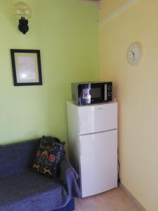 ein Wohnzimmer mit einer Mikrowelle auf dem Kühlschrank in der Unterkunft Panoramic view studio in Rab