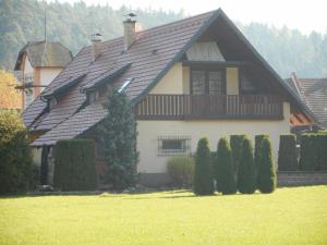 a house with a gambrel roof and a yard at Apartmány pod Hradem in Holštejn
