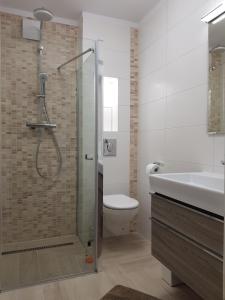 a bathroom with a shower and a toilet and a sink at Sopot Apartament in Sopot