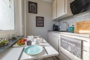 a kitchen with a counter with a blue plate on it at Gemütliches Apartment bei Leipzig - ideal für Urlauber & Geschäftsreisende in Neukieritzsch +9 photos