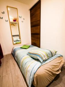 un letto in una camera con specchio e letto Sidx Sidx Sidx. di Gites Spa Strasbourg - Gite le 14 a Furdenheim