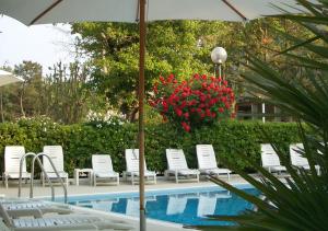 a group of chairs and an umbrella next to a pool at Hotel Wivien in Cesenatico