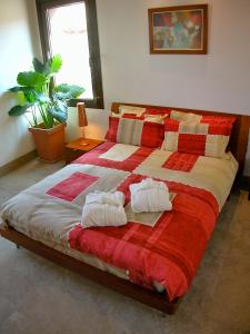 Cama grande con mantas y almohadas rojas y blancas en Los Chicos de Lastanosa Hotel y Restaurante, en Lastanosa