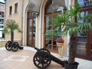 a cart in front of a building with palm trees at Hotel Bończa in Szczecin