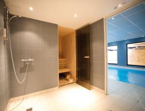 a bathroom with a shower and a swimming pool at Lagrange Apart’Hotel Strasbourg Wilson in Strasbourg