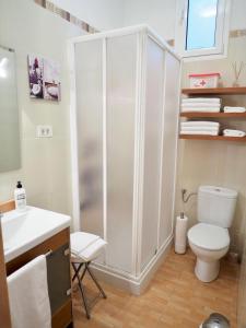 a white bathroom with a toilet and a shower at CASA ROSALÍA. APARTAMENTO CON VISTAS A LA MONTAÑA in Teror