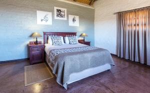 a bedroom with a bed and two lamps and a window at Grootberg Lodge in Damaraland