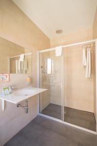 a bathroom with a shower and a sink at Baluart Apartments in Cáceres
