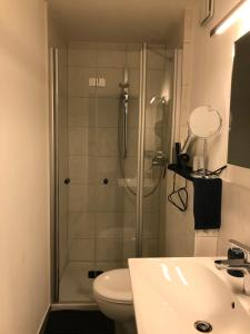 een badkamer met een douche, een toilet en een wastafel bij Gästezimmer bei Ingrid in Tübingen