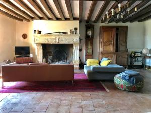 a living room with a couch and a fireplace at Hunting Lodge - 10p - Le Mans 24hrs - private pool in Fercé-sur-Sarthe