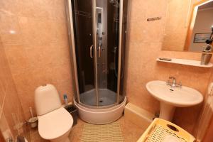 a bathroom with a shower and a toilet and a sink at Venecia in Usinsk