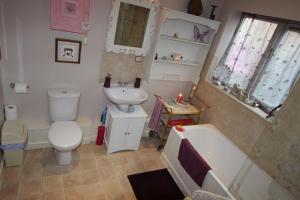 a bathroom with a toilet and a sink and a tub at Glastonbury Rose Cottage in Glastonbury +20 photos