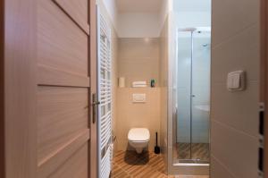 プラハにあるKubelikova APARTMEETのバスルーム(トイレ、ガラス張りのシャワー付)