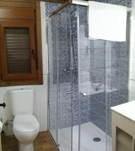 een badkamer met een toilet en een glazen douche bij Bungalows Cantia in Suances