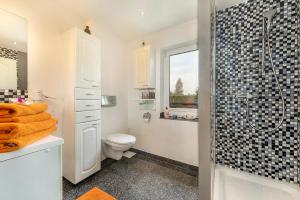 ein Badezimmer mit Dusche und Toilette und einem Fenster in der Unterkunft Apartment Charlotte in Zirkow