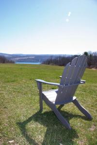 a bench sitting in the grass in a field at Lakeside Resort in Watkins Glen