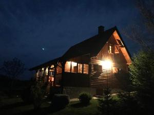 una cabaña de madera por la noche con las luces encendidas en Holiday Home Brvnara, en Bajina Bašta